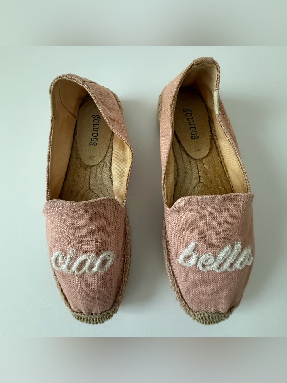 Soludos Pink Linen 'Ciao Bella' Embroidered Espadrilles
